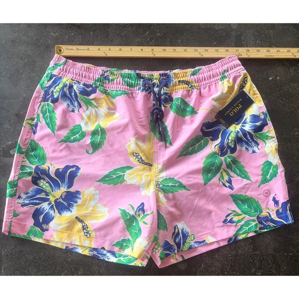 Polo Ralph Lauren Men XXL Pink Hibiscus Floral Tropical Swim Trunks Slim Fit New